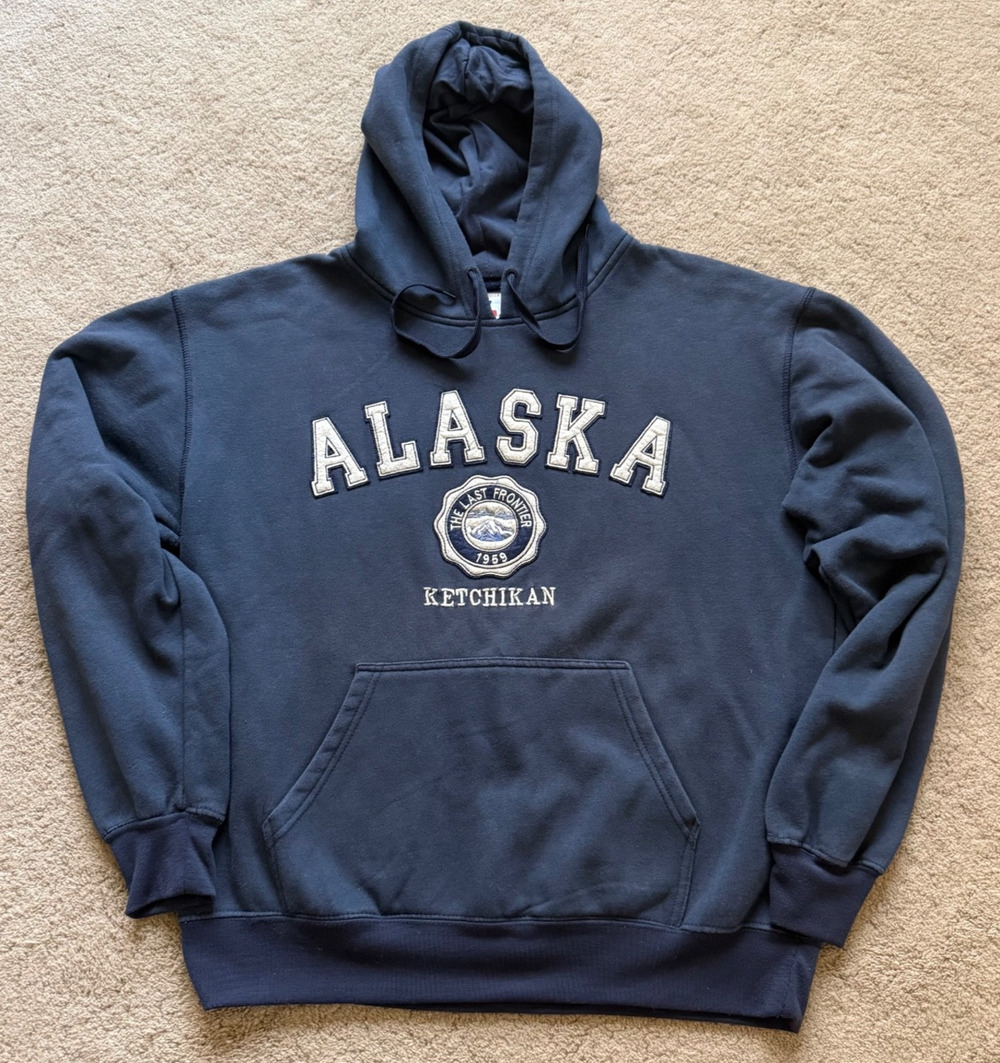 Alaska Ketchikan Hoodie Sweatshirt Womens Embroidered Patches Navy XL